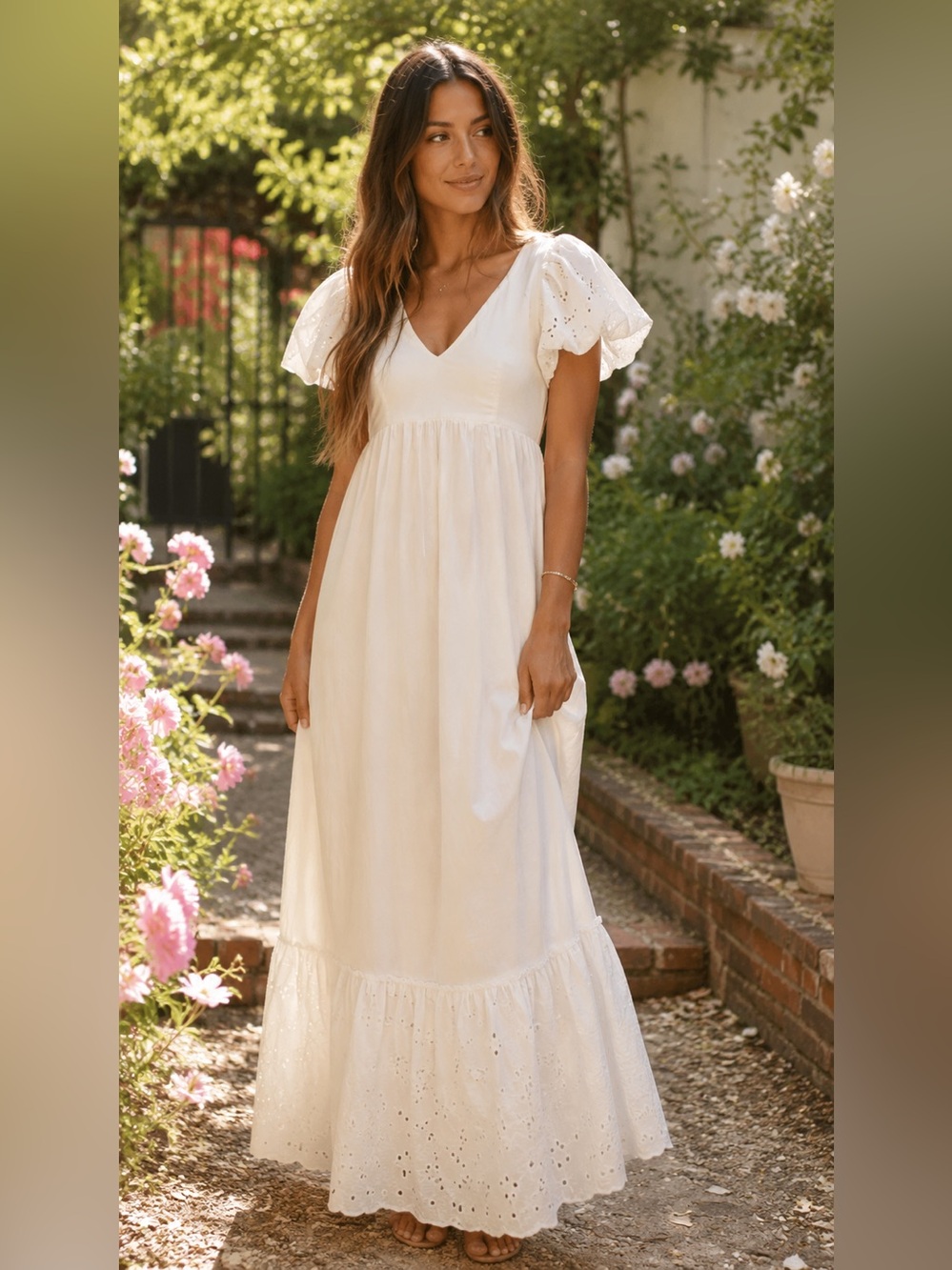 En Saison White Eyelet Flutter-Sleeve Maxi Dress